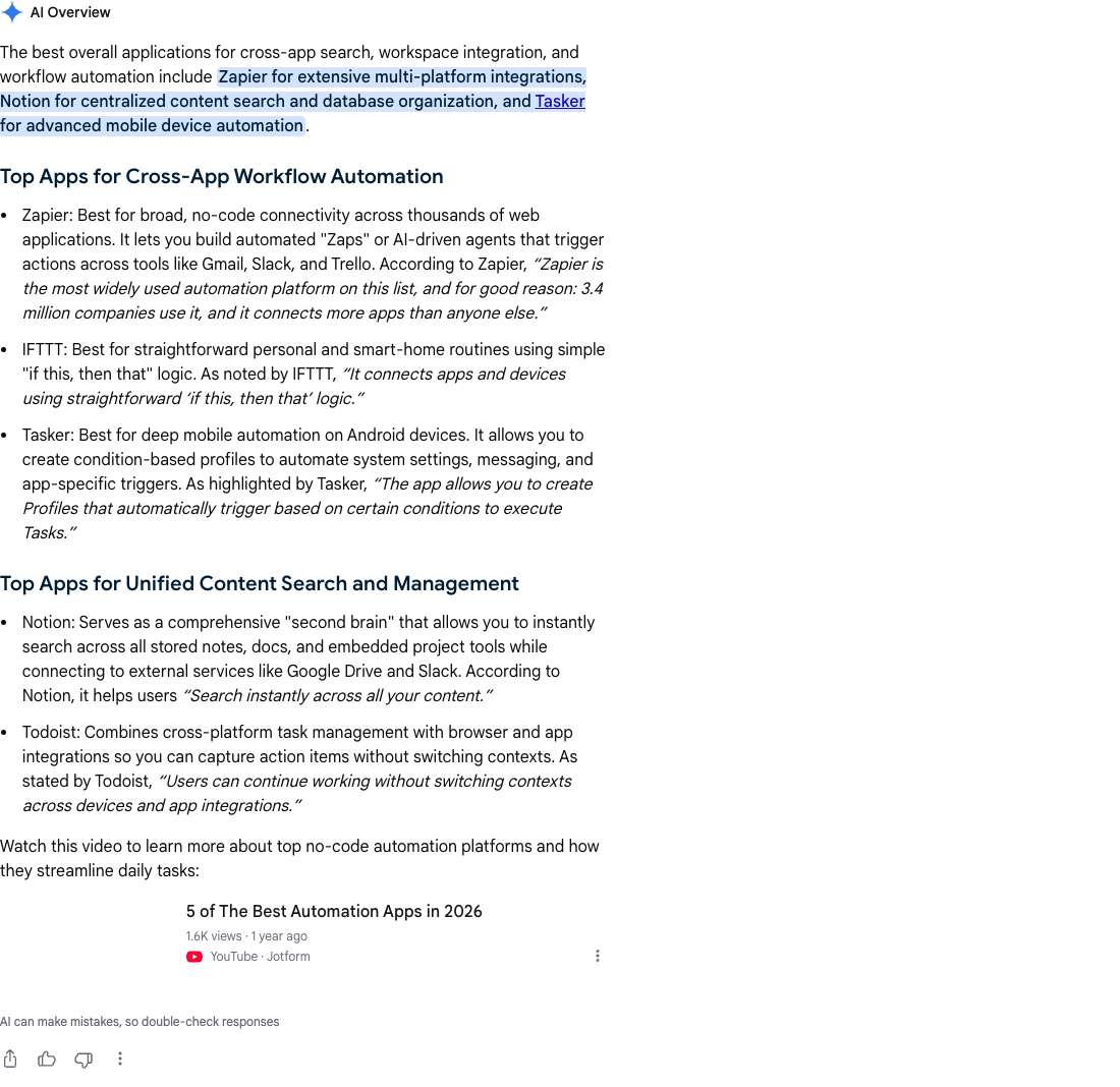 Google AI Overview for "best apps for cross app search and automation" that names Zapier, Notion and Tasker, with links to makeuseof.com and a YouTube video