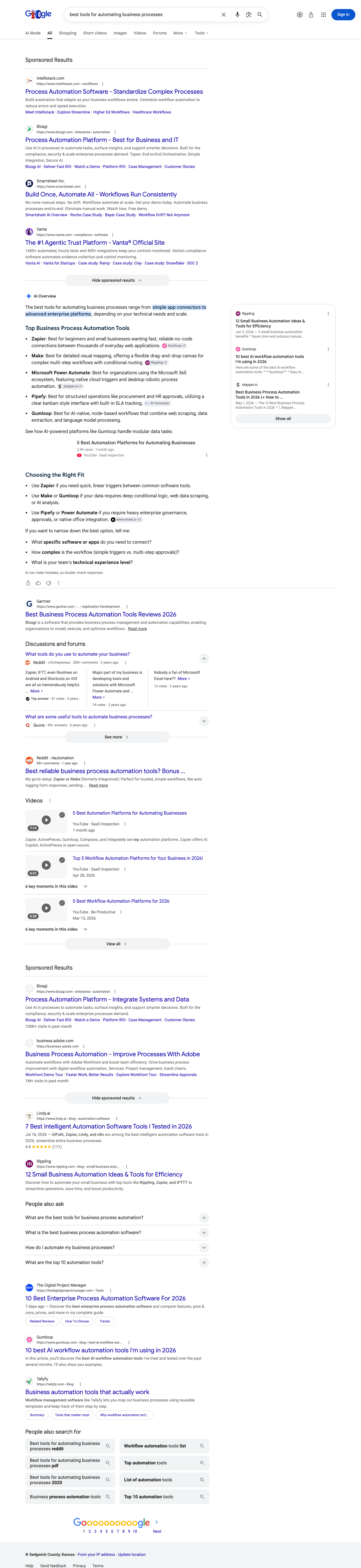 Google results page for "best tools for automating business processes" in United States: the AI Overview with its cited sources