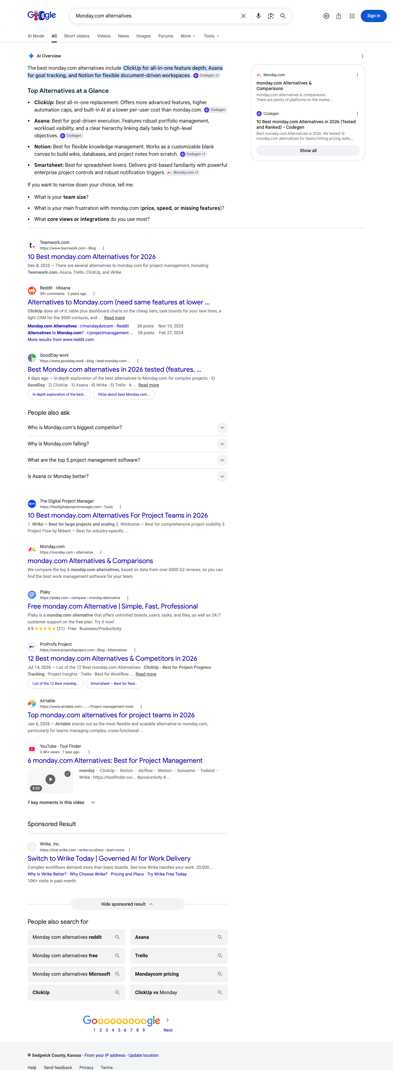 Google results page for "Monday.com alternatives" in United States: the AI Overview with its cited sources