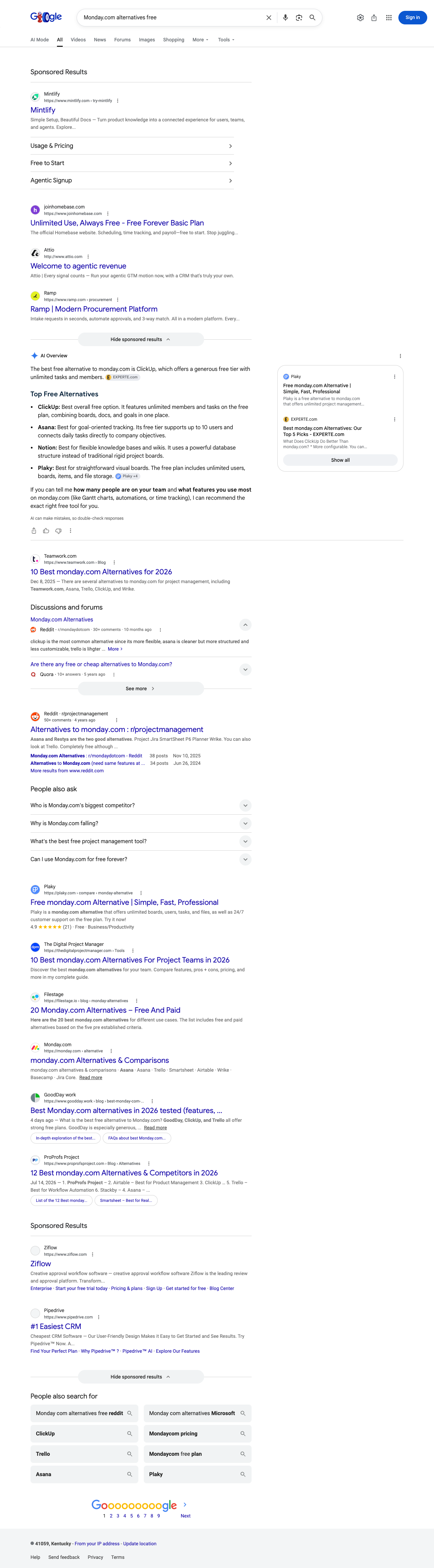 Google results page for "Monday.com alternatives free" in United States: the AI Overview with its cited sources