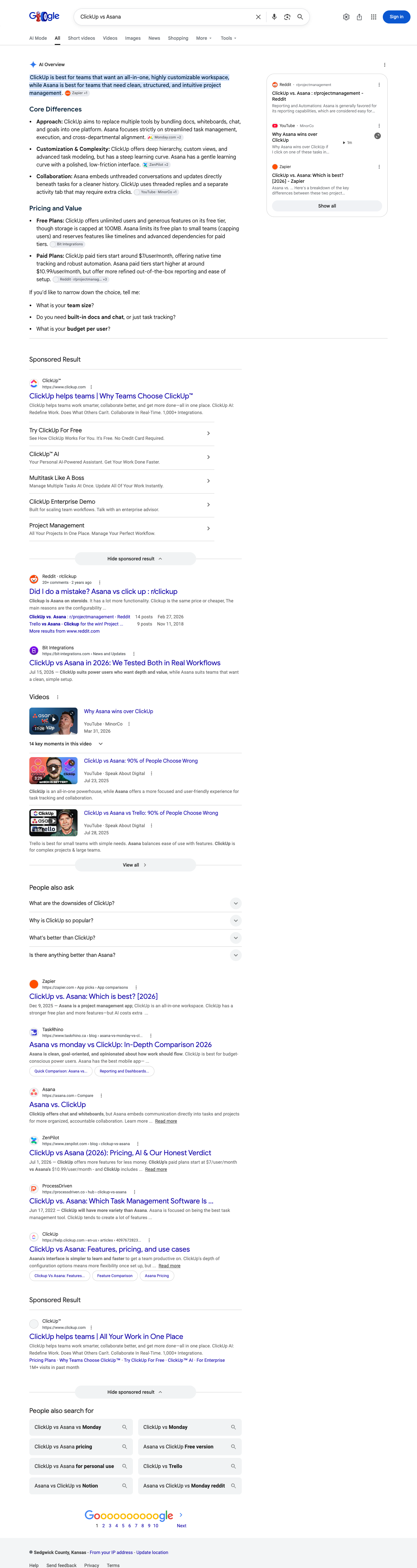 Google results page for "ClickUp vs Asana" in United States: the AI Overview with its cited sources