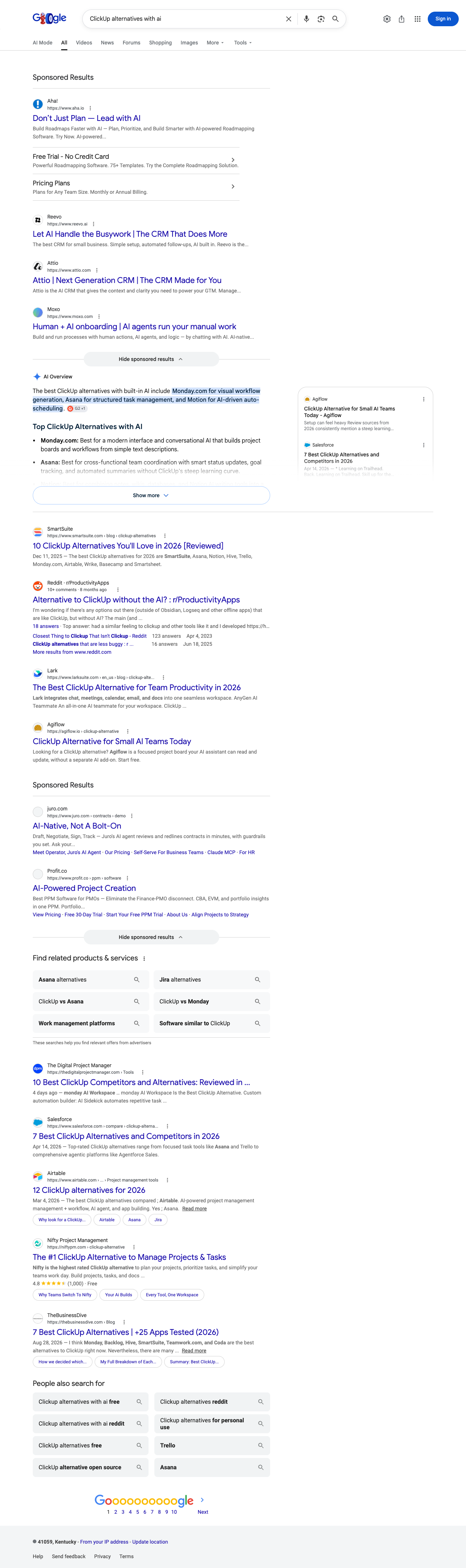 Google results page for "ClickUp alternatives with ai" in United States: the AI Overview with its cited sources
