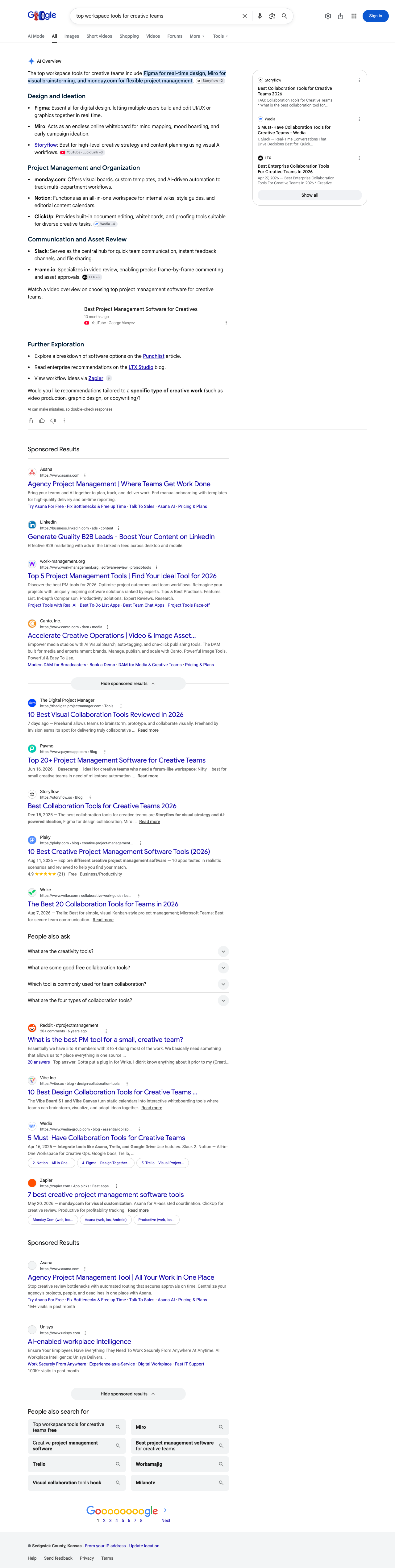 Google results page for "top workspace tools for creative teams" in United States: the AI Overview with its cited sources