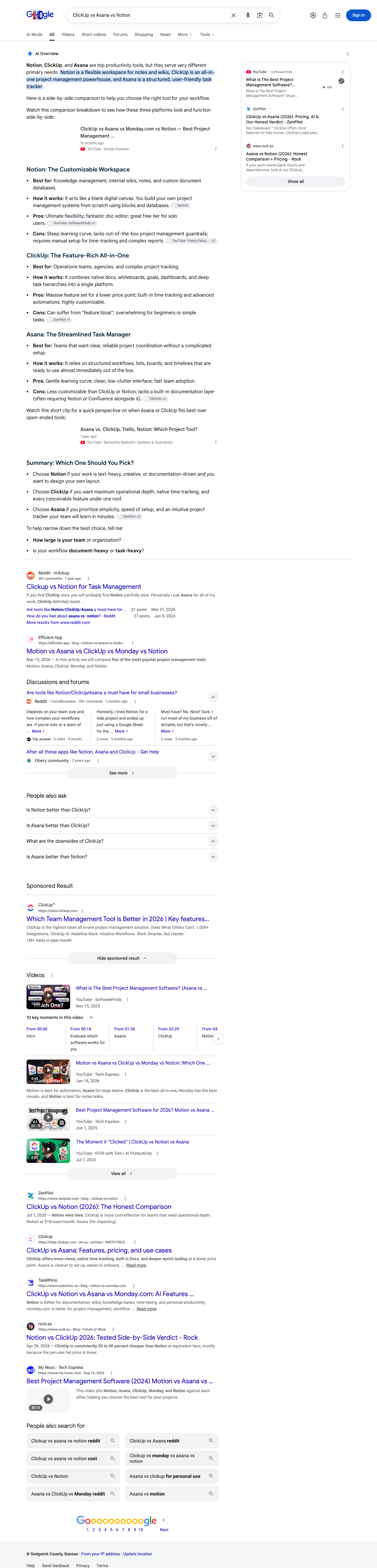 Google results page for "ClickUp vs Asana vs Notion" in United States: the AI Overview with its cited sources