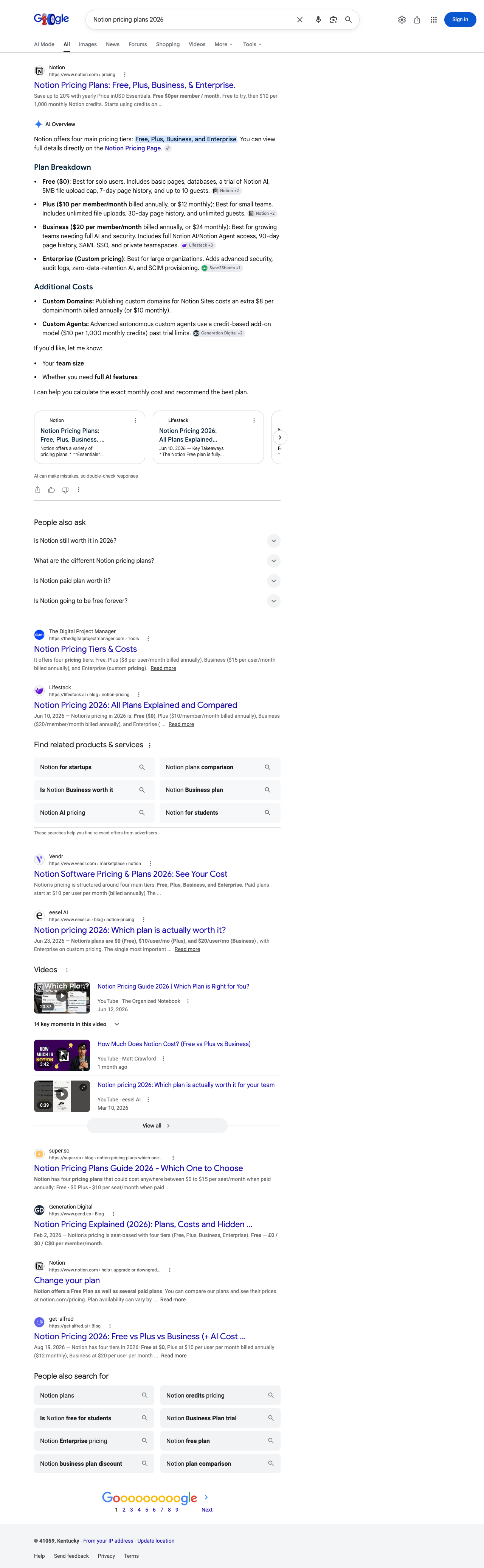 Google results page for "Notion pricing plans 2026" in United States: the AI Overview with its cited sources