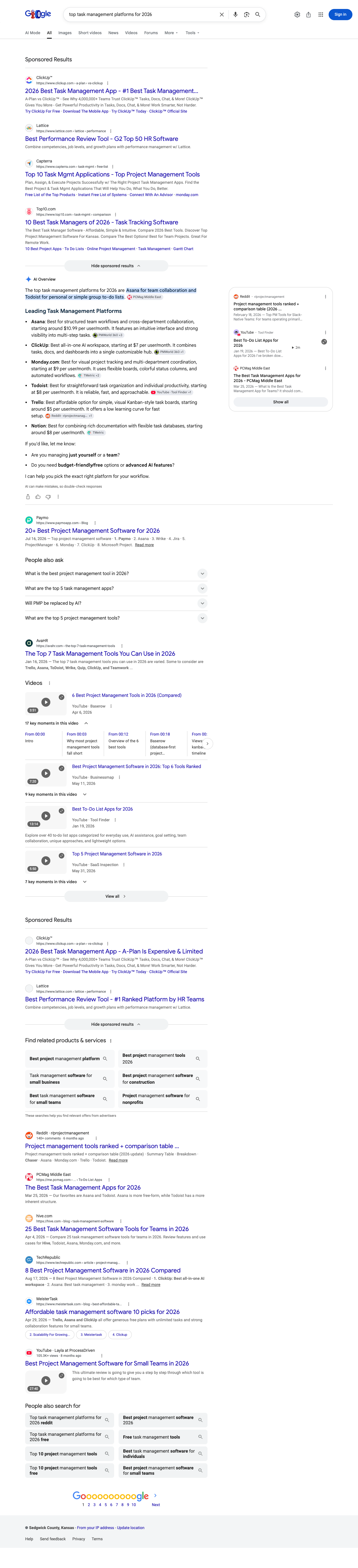 Google results page for "top task management platforms for 2026" in United States: the AI Overview with its cited sources