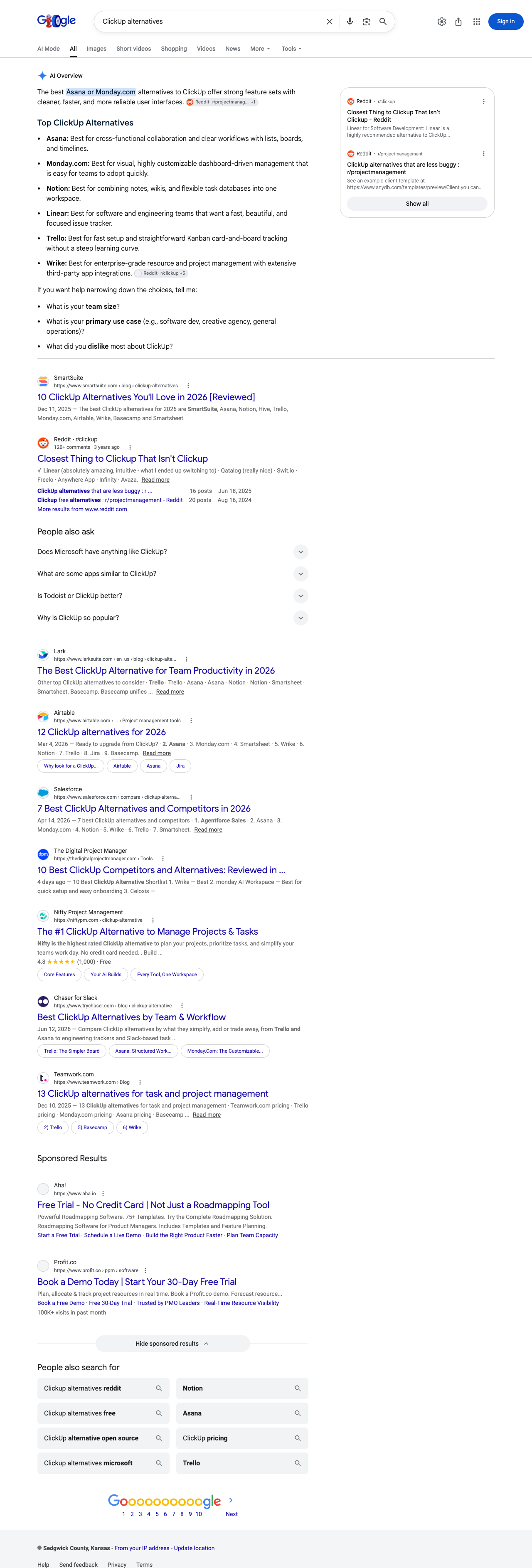 Google results page for "ClickUp alternatives" in United States: the AI Overview with its cited sources