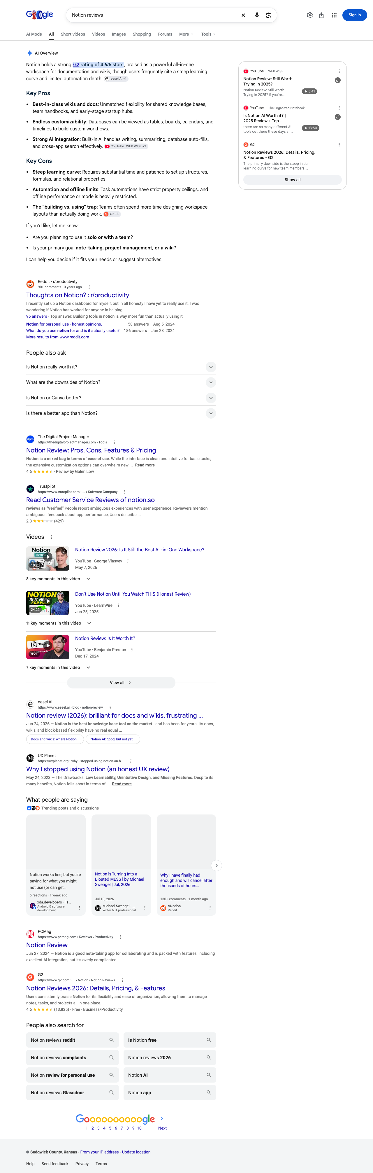 Google results page for "Notion reviews" in United States: the AI Overview with its cited sources