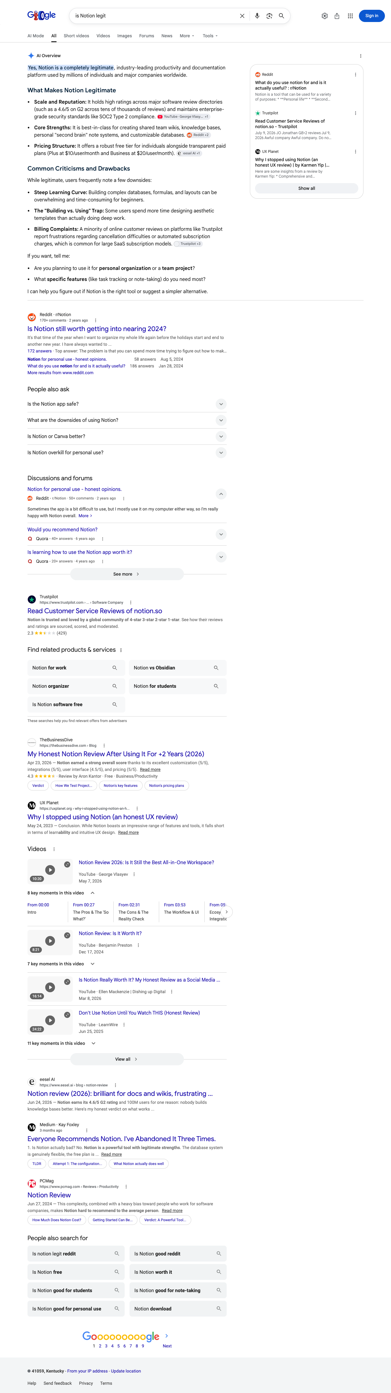 Google results page for "is Notion legit" in United States: the AI Overview with its cited sources