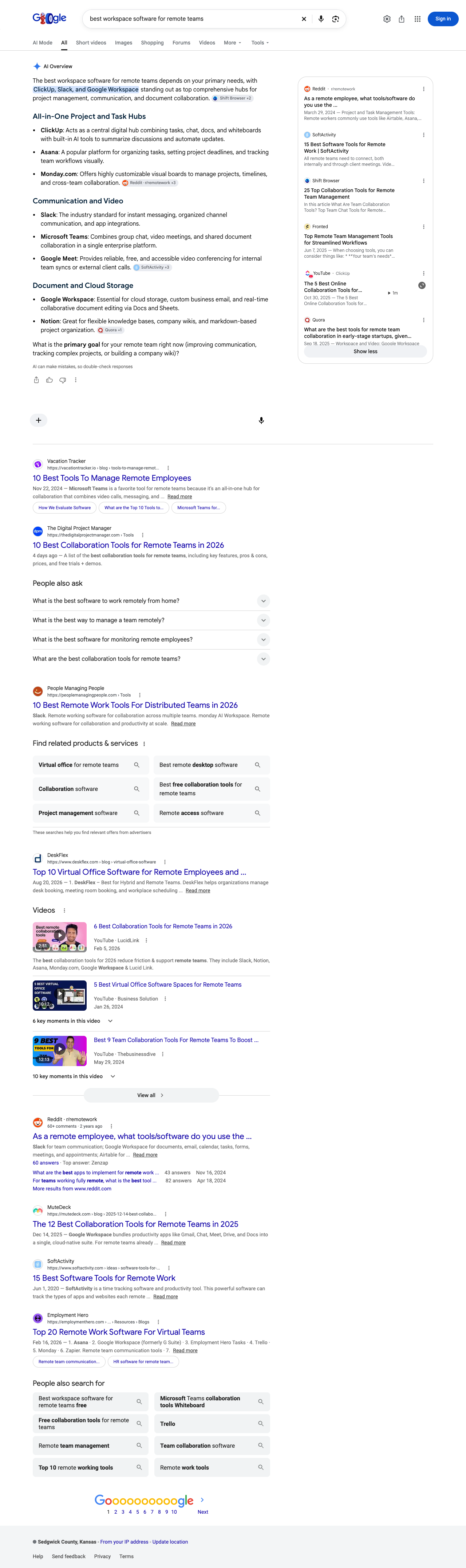 Google results page for "best workspace software for remote teams" in United States: the AI Overview with its cited sources