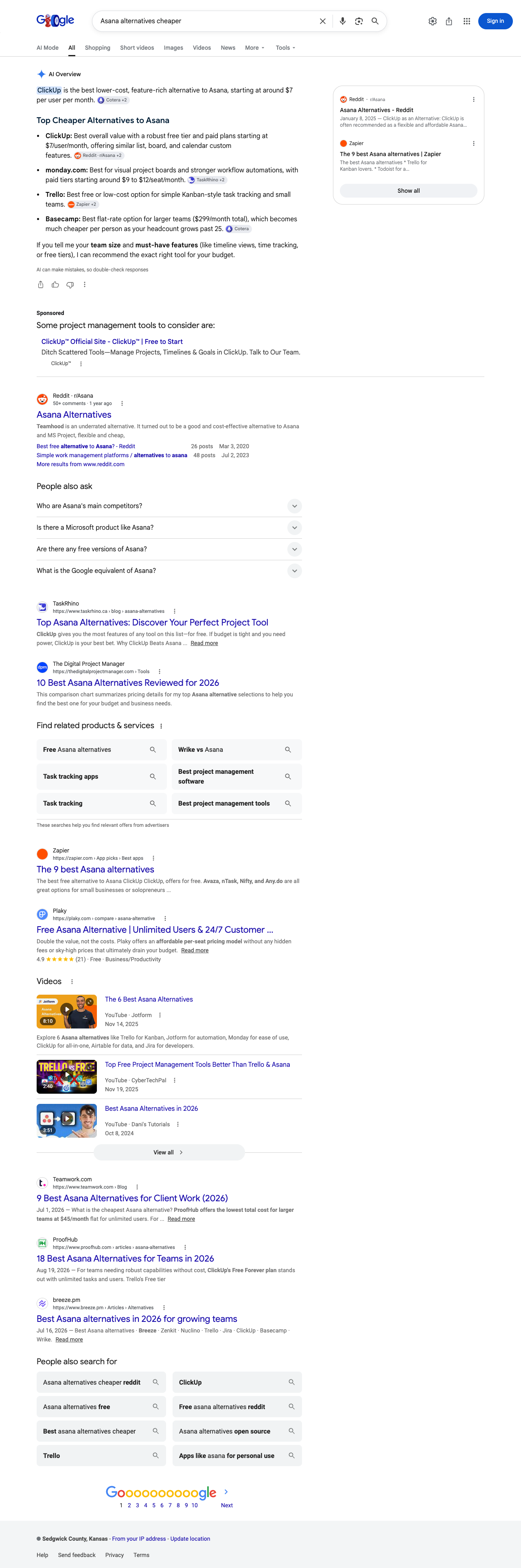 Google results page for "Asana alternatives cheaper" in United States: the AI Overview with its cited sources