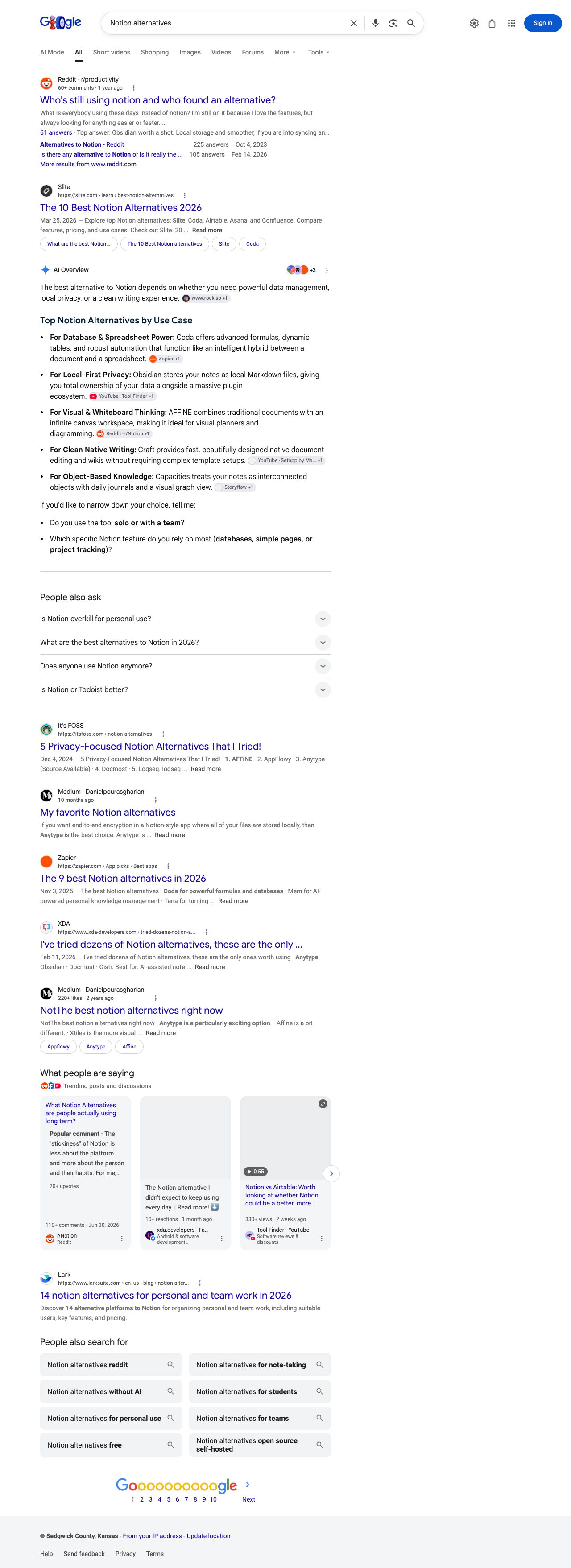 Google results page for "Notion alternatives" in United States: the AI Overview with its cited sources