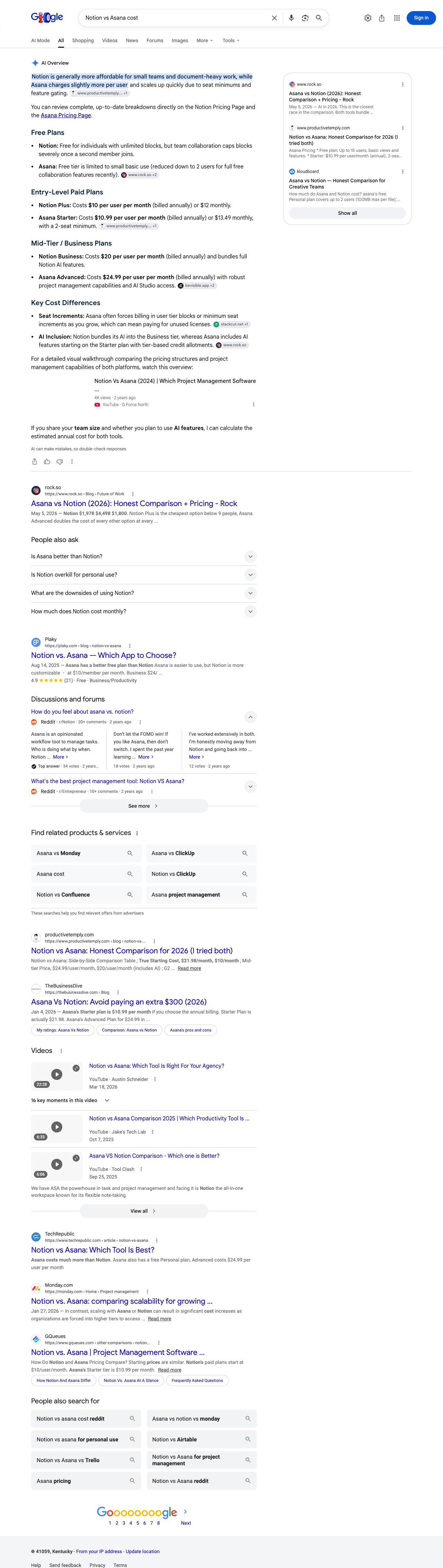 Google results page for "Notion vs Asana cost" in United States: the AI Overview with its cited sources
