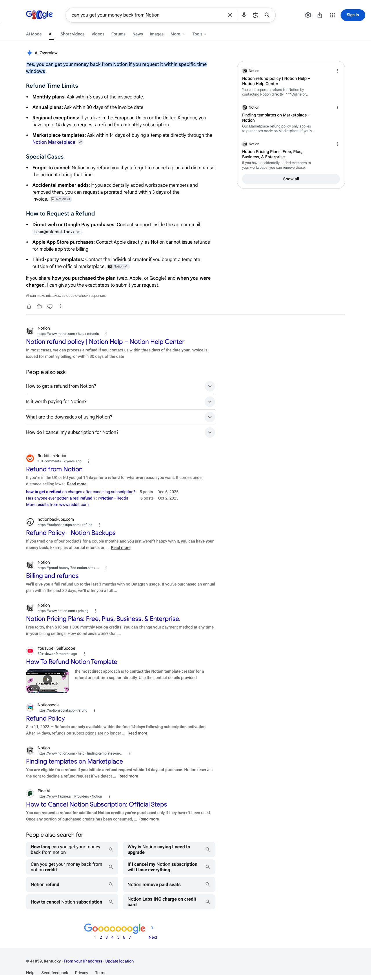Google results page for "can you get your money back from Notion" in United States: the AI Overview with its cited sources