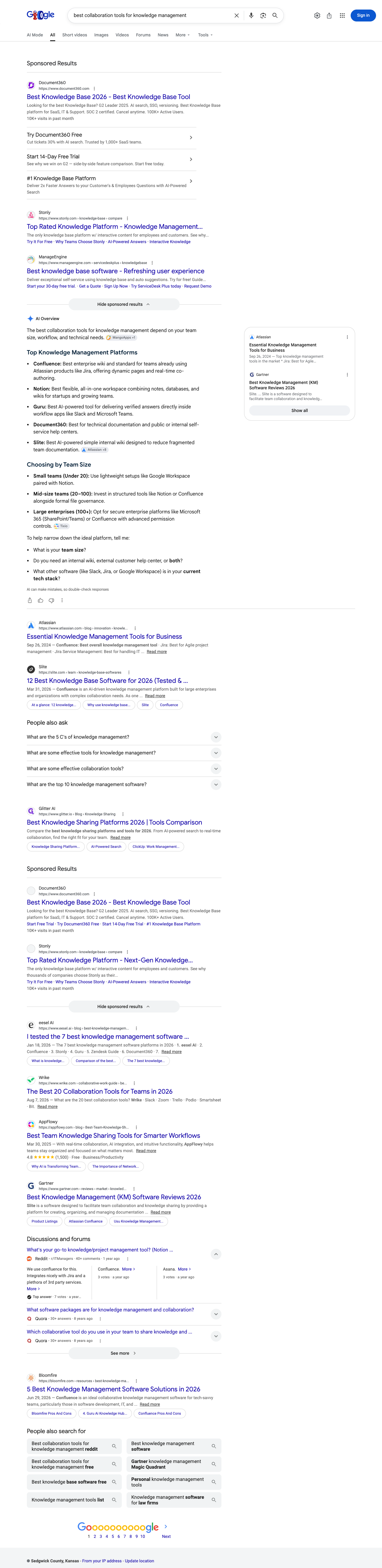 Google results page for "best collaboration tools for knowledge management" in United States: the AI Overview with its cited sources