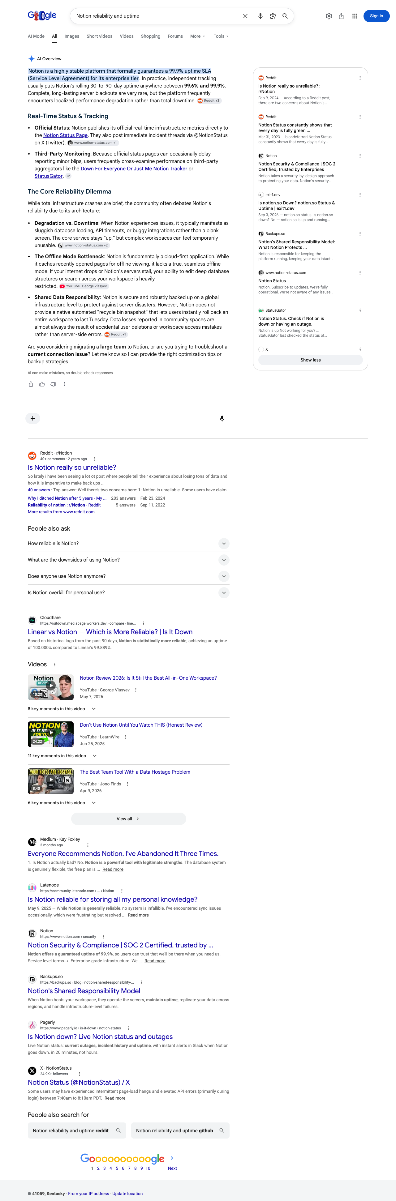 Google results page for "Notion reliability and uptime" in United States: the AI Overview with its cited sources