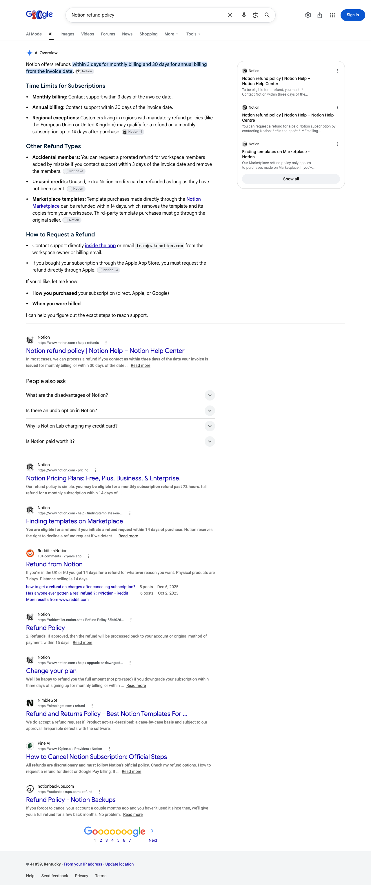 Google results page for "Notion refund policy" in United States: the AI Overview with its cited sources