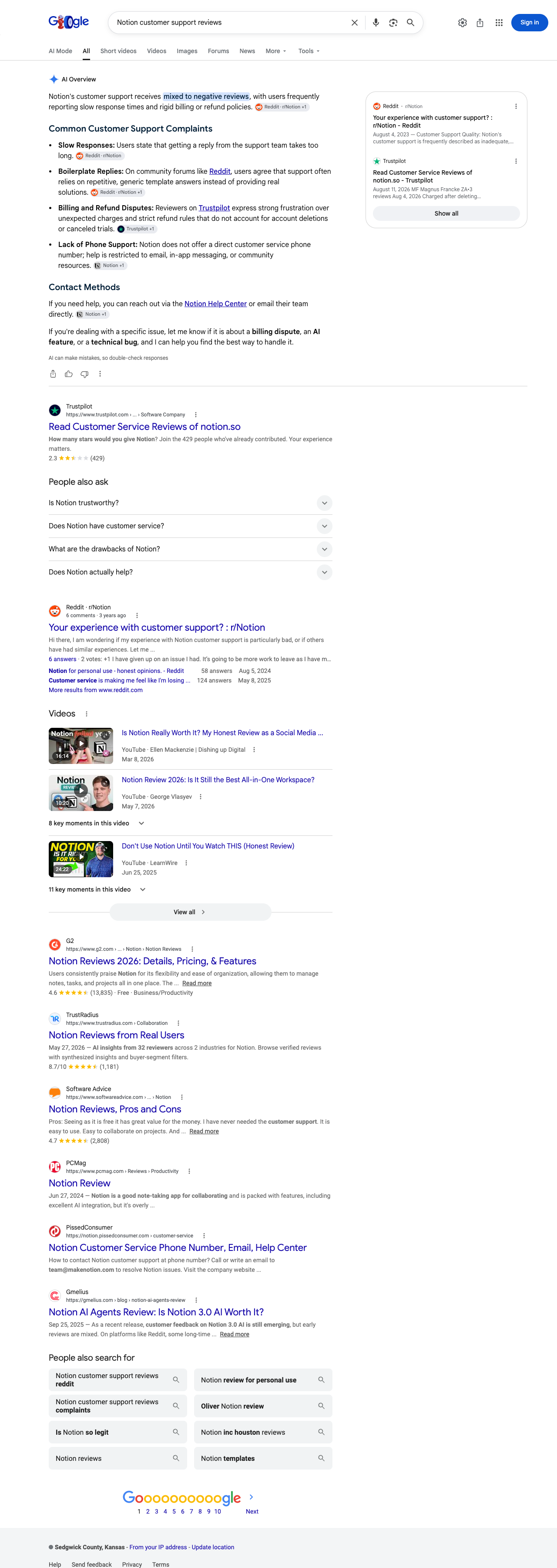 Google results page for "Notion customer support reviews" in United States: the AI Overview with its cited sources