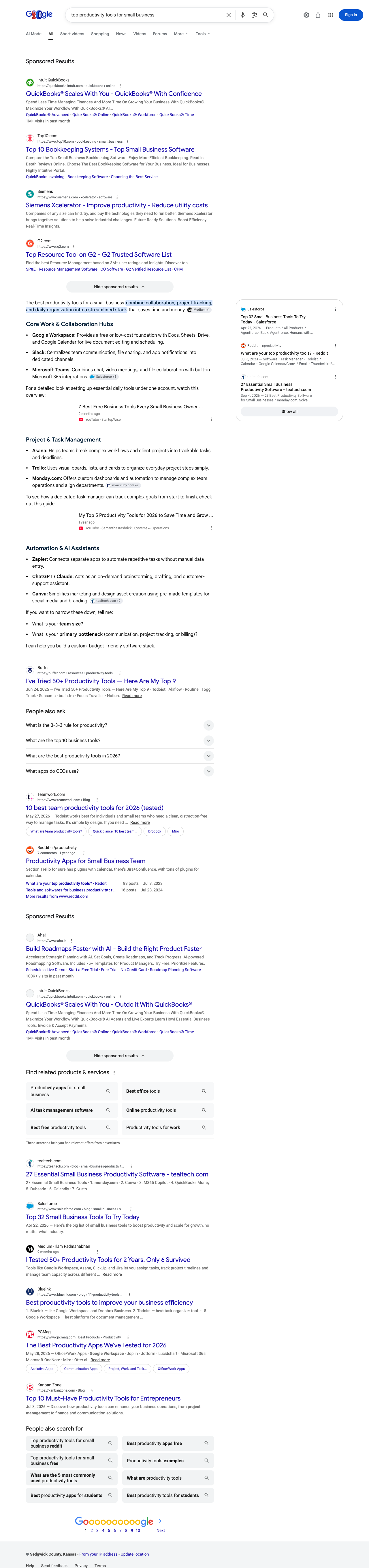 Google results page for "top productivity tools for small business" in United States: the AI Overview with its cited sources