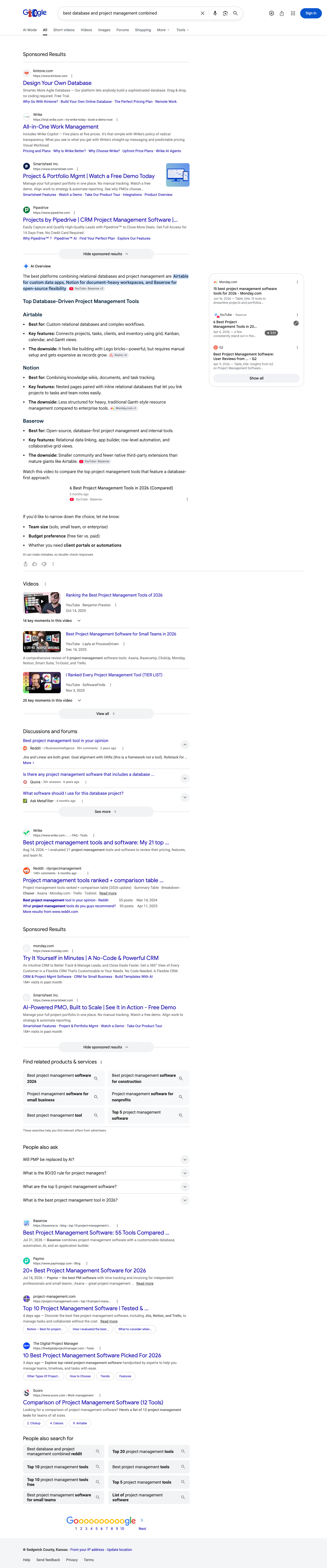 Google results page for "best database and project management combined" in United States: the AI Overview with its cited sources
