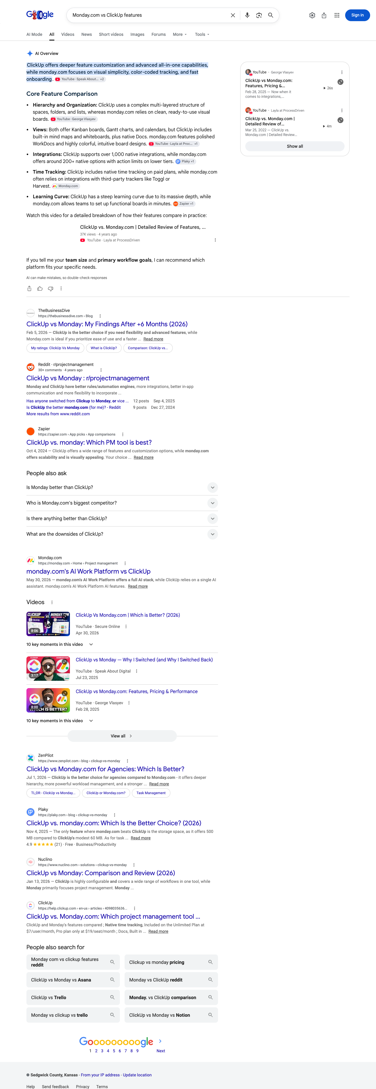 Google results page for "Monday.com vs ClickUp features" in United States: the AI Overview with its cited sources