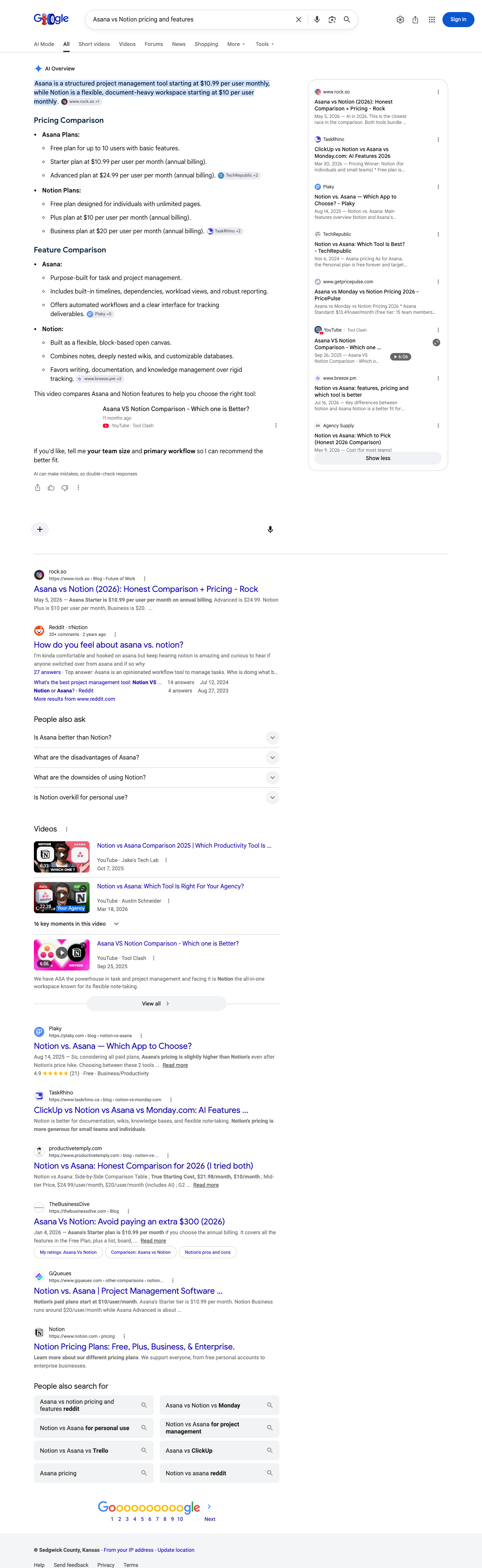 Google results page for "Asana vs Notion pricing and features" in United States: the AI Overview with its cited sources