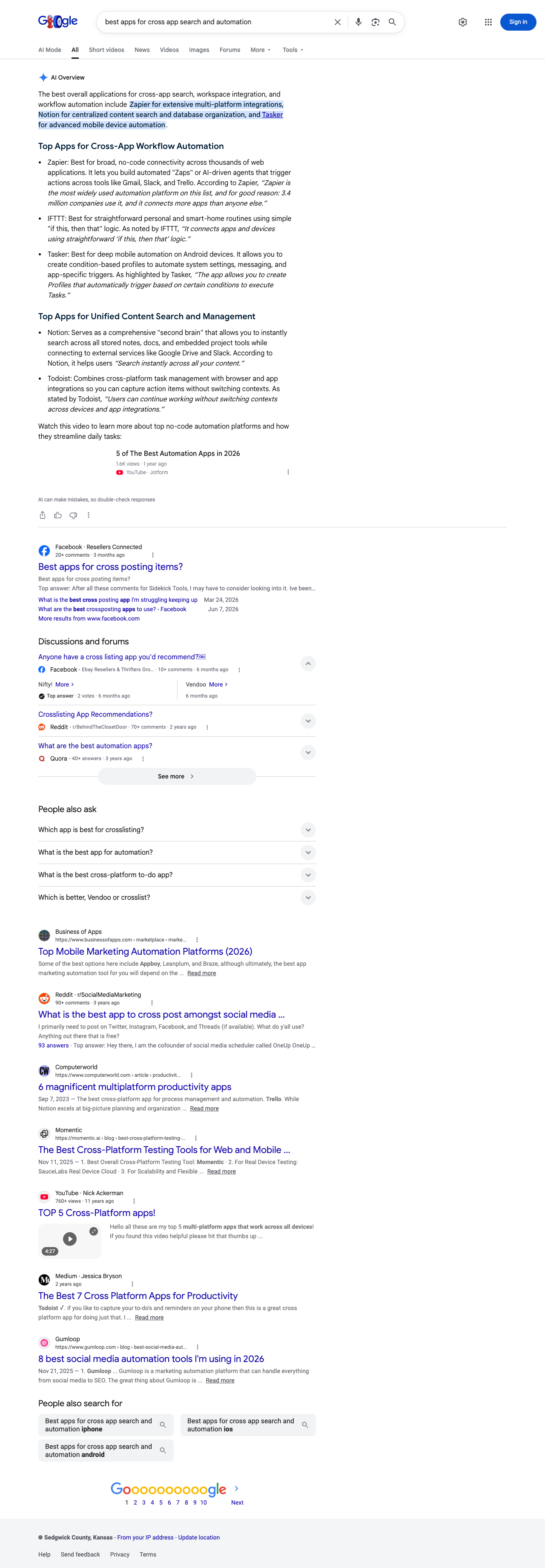 Google results page for "best apps for cross app search and automation" in United States: the AI Overview with its cited sources