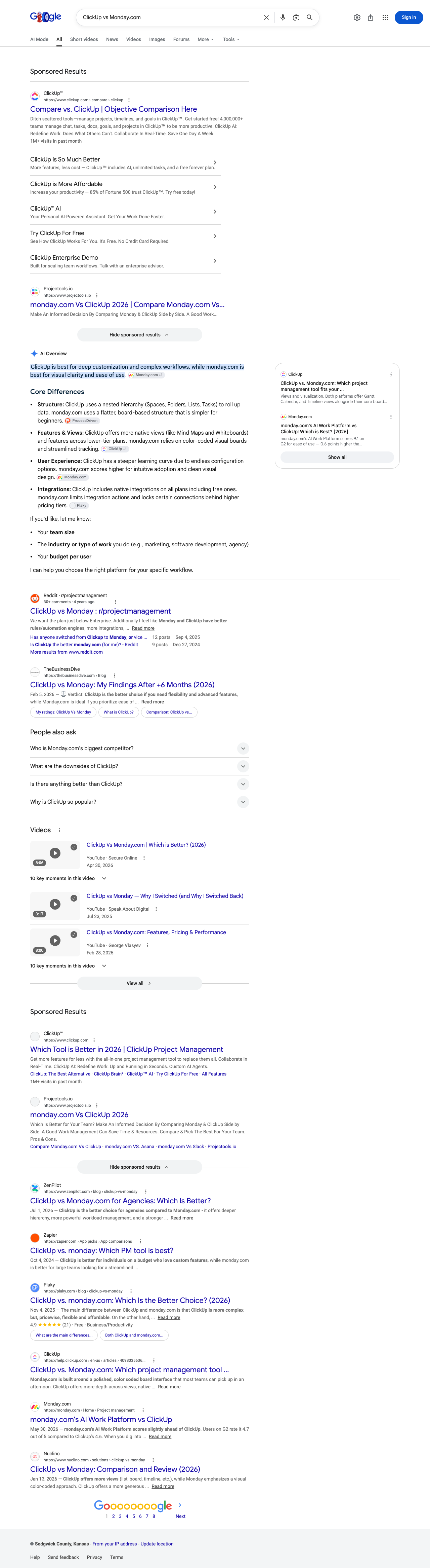 Google results page for "ClickUp vs Monday.com" in United States: the AI Overview with its cited sources