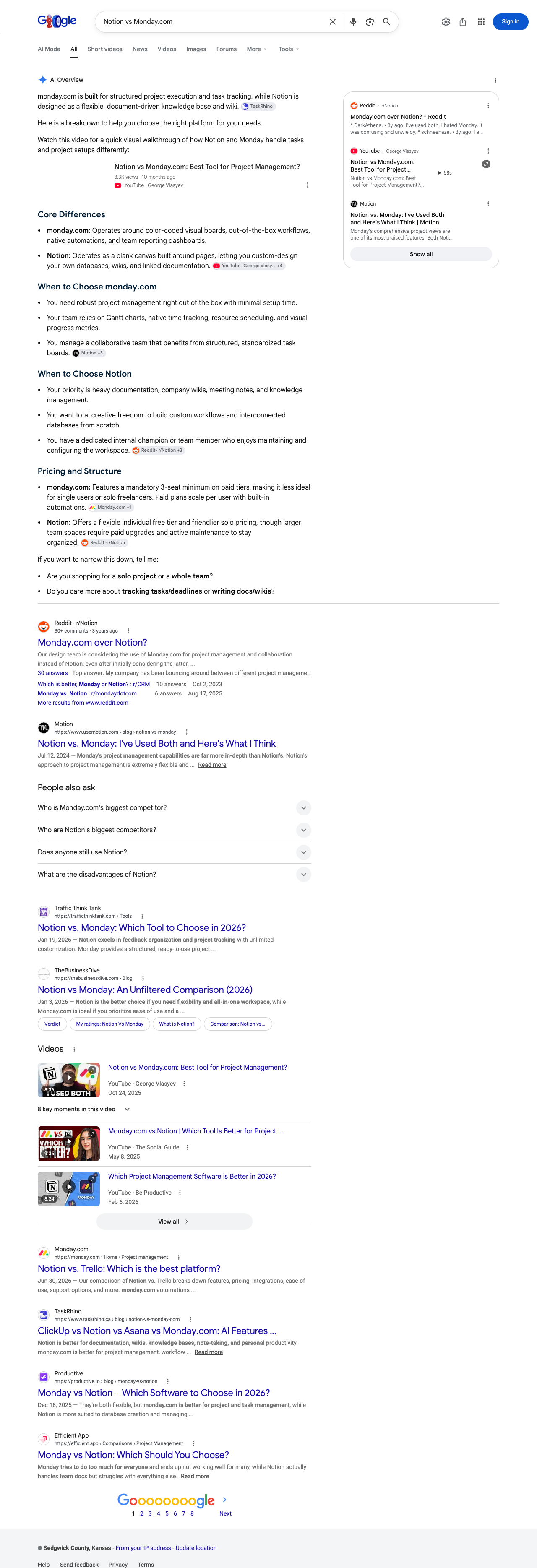 Google results page for "Notion vs Monday.com" in United States: the AI Overview with its cited sources