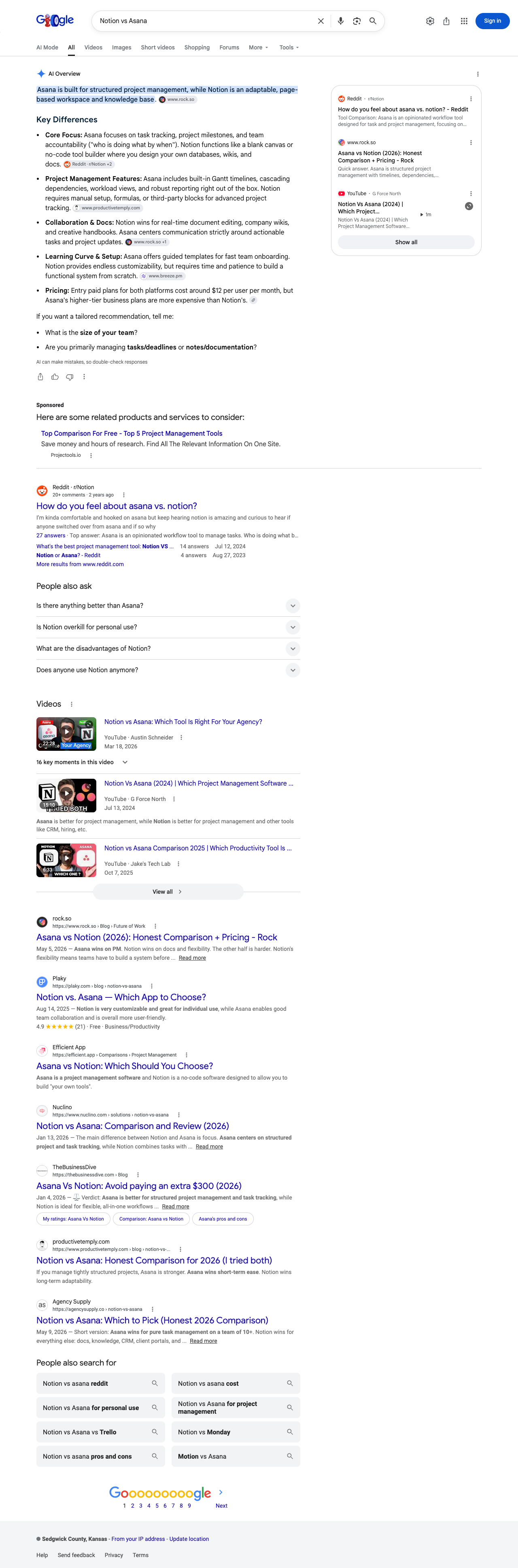 Google results page for "Notion vs Asana" in United States: the AI Overview with its cited sources