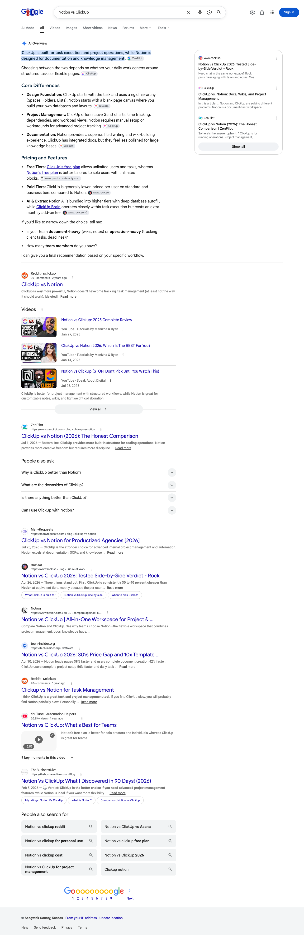 Google results page for "Notion vs ClickUp" in United States: the AI Overview with its cited sources
