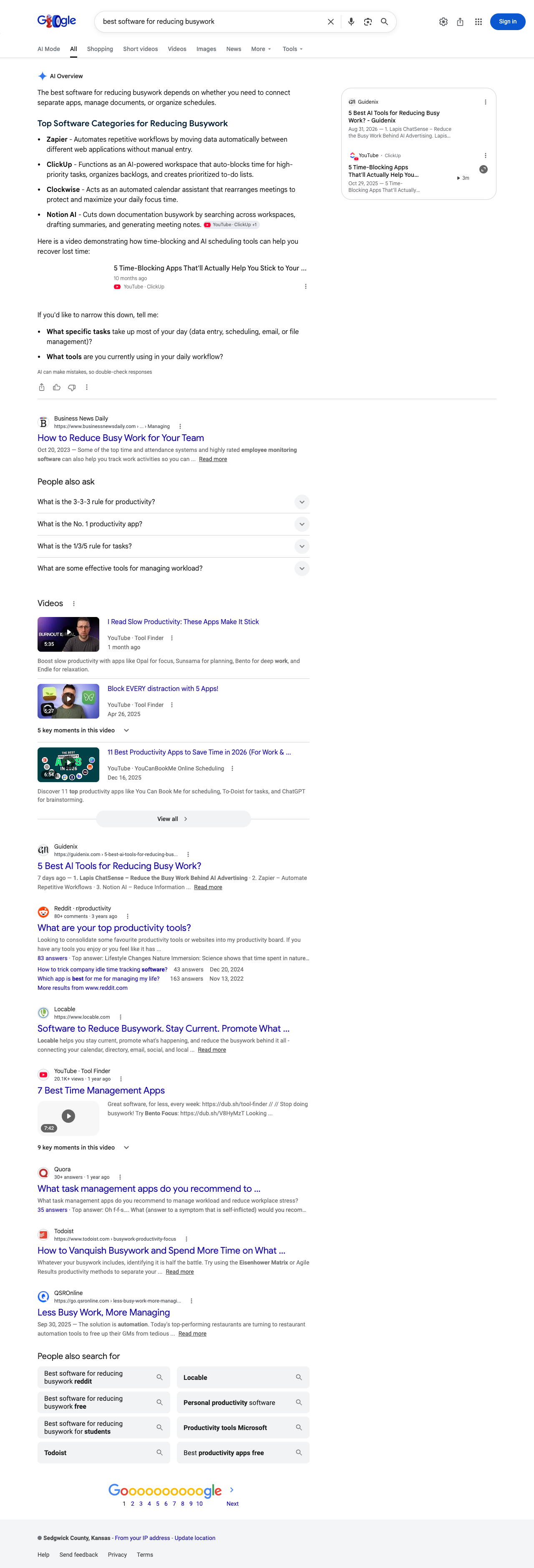 Google results page for "best software for reducing busywork" in United States: the AI Overview with its cited sources
