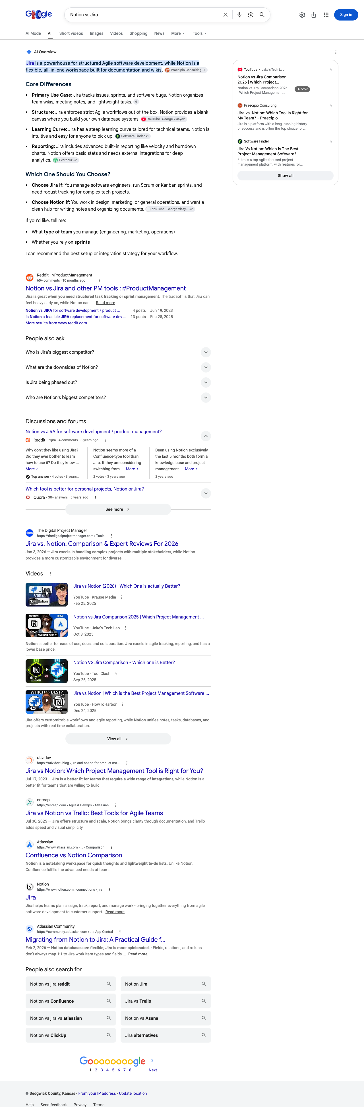 Google results page for "Notion vs Jira" in United States: the AI Overview with its cited sources
