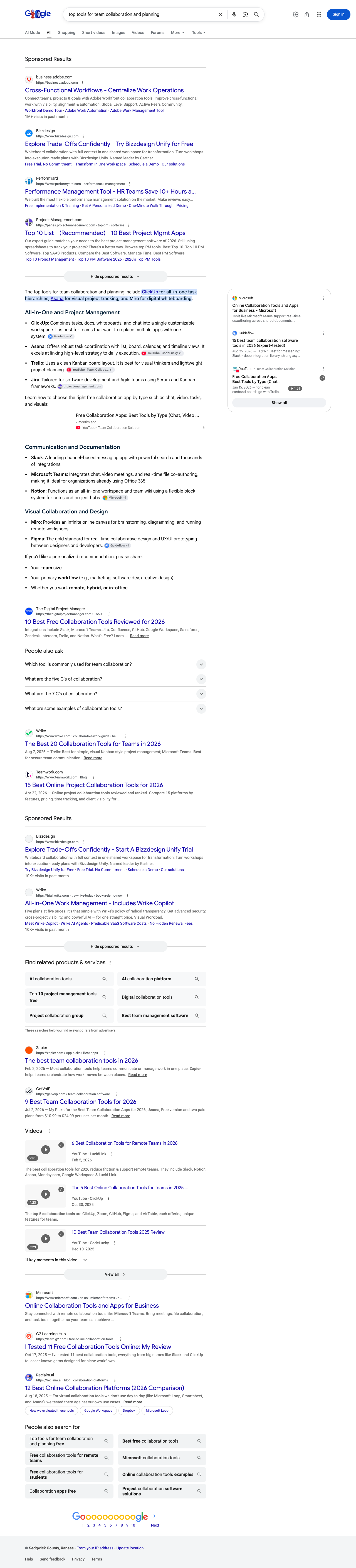 Google results page for "top tools for team collaboration and planning" in United States: the AI Overview with its cited sources