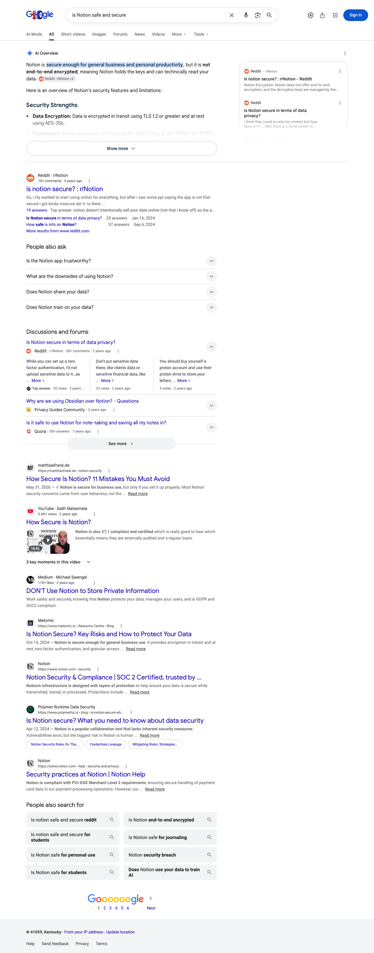 Google results page for "is Notion safe and secure" in United States: the AI Overview with its cited sources