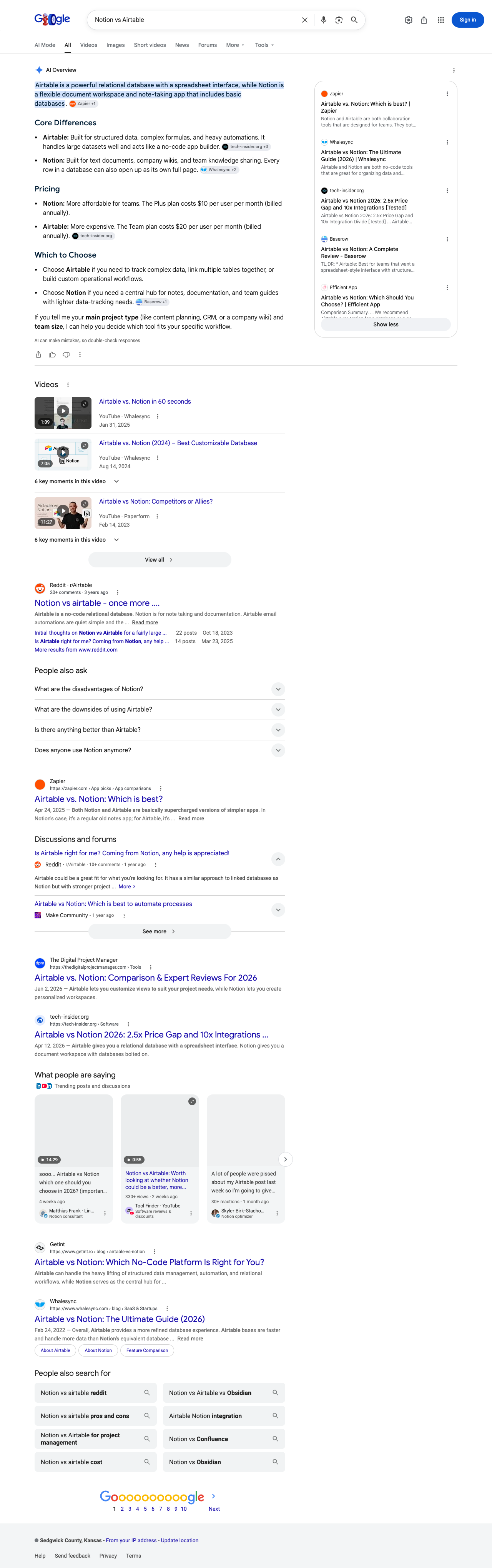 Google results page for "Notion vs Airtable" in United States: the AI Overview with its cited sources