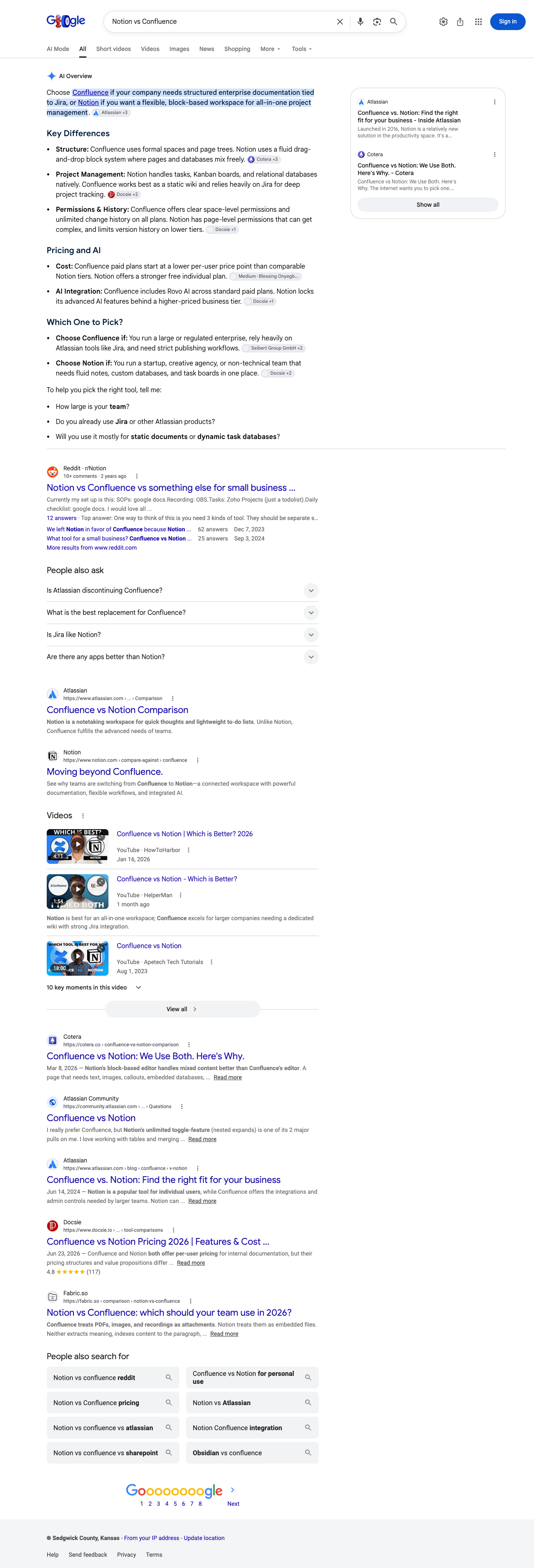 Google results page for "Notion vs Confluence" in United States: the AI Overview with its cited sources