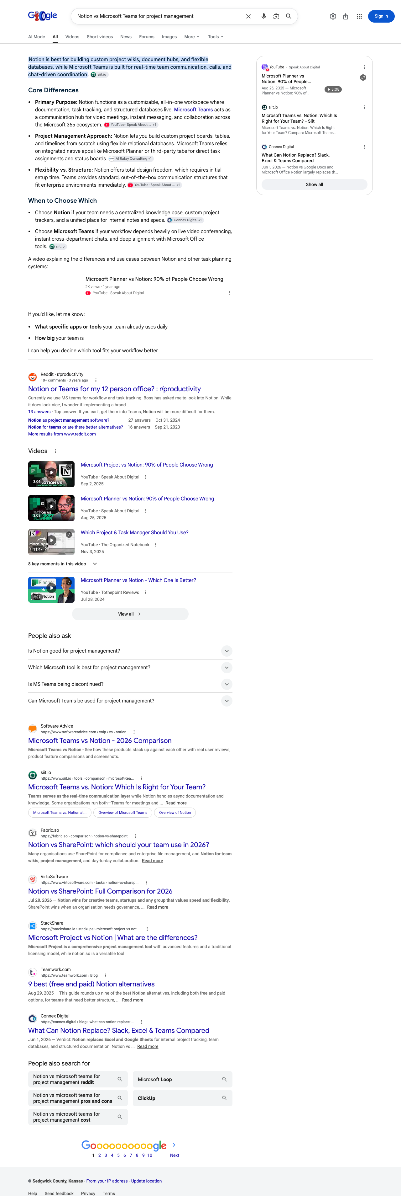 Google results page for "Notion vs Microsoft Teams for project management" in United States: the AI Overview with its cited sources