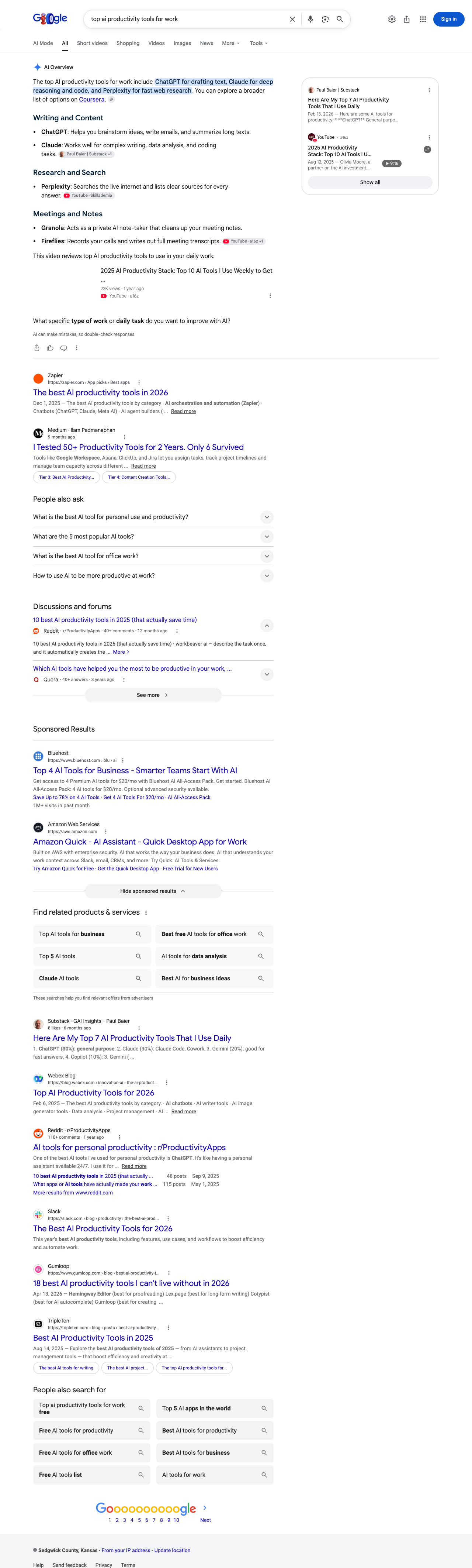 Google results page for "top ai productivity tools for work" in United States: the AI Overview with its cited sources