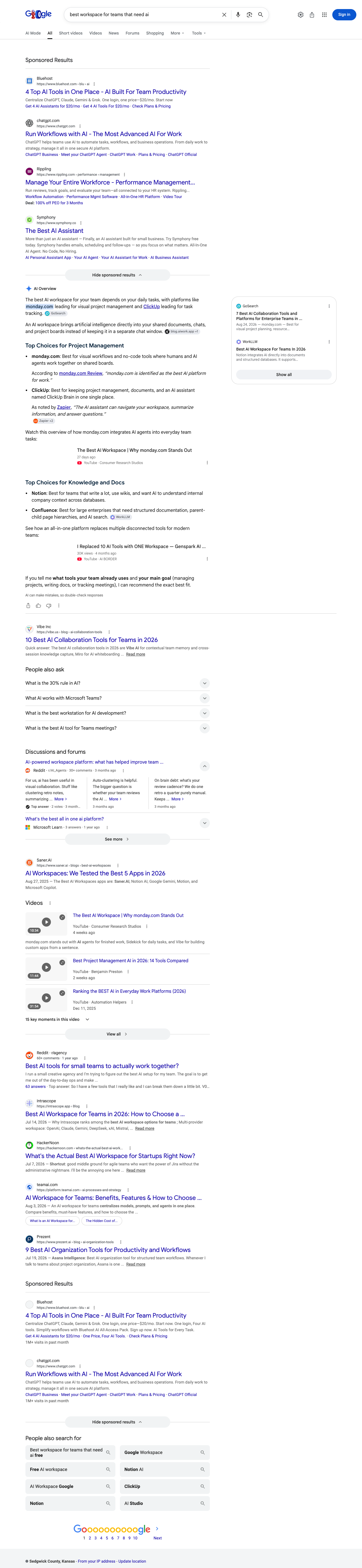 Google results page for "best workspace for teams that need ai" in United States: the AI Overview with its cited sources