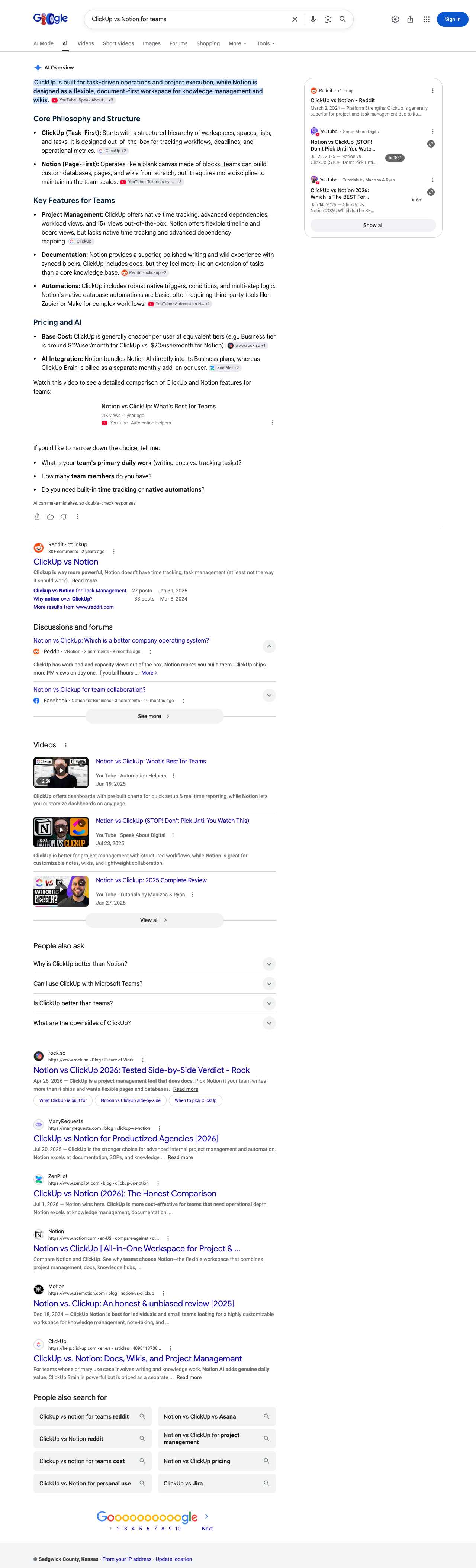 Google results page for "ClickUp vs Notion for teams" in United States: the AI Overview with its cited sources