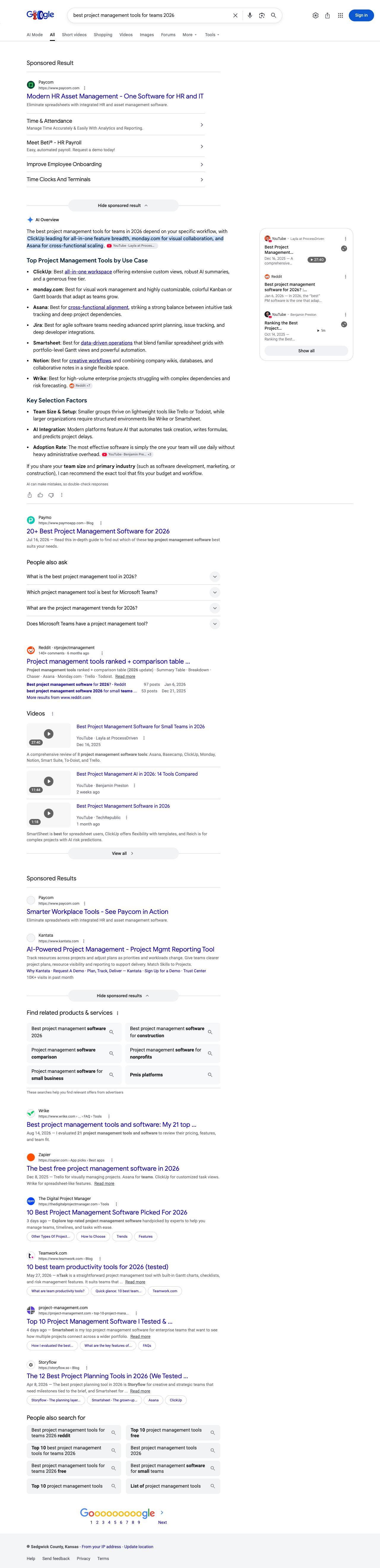 Google results page for "best project management tools for teams 2026" in United States: the AI Overview with its cited sources