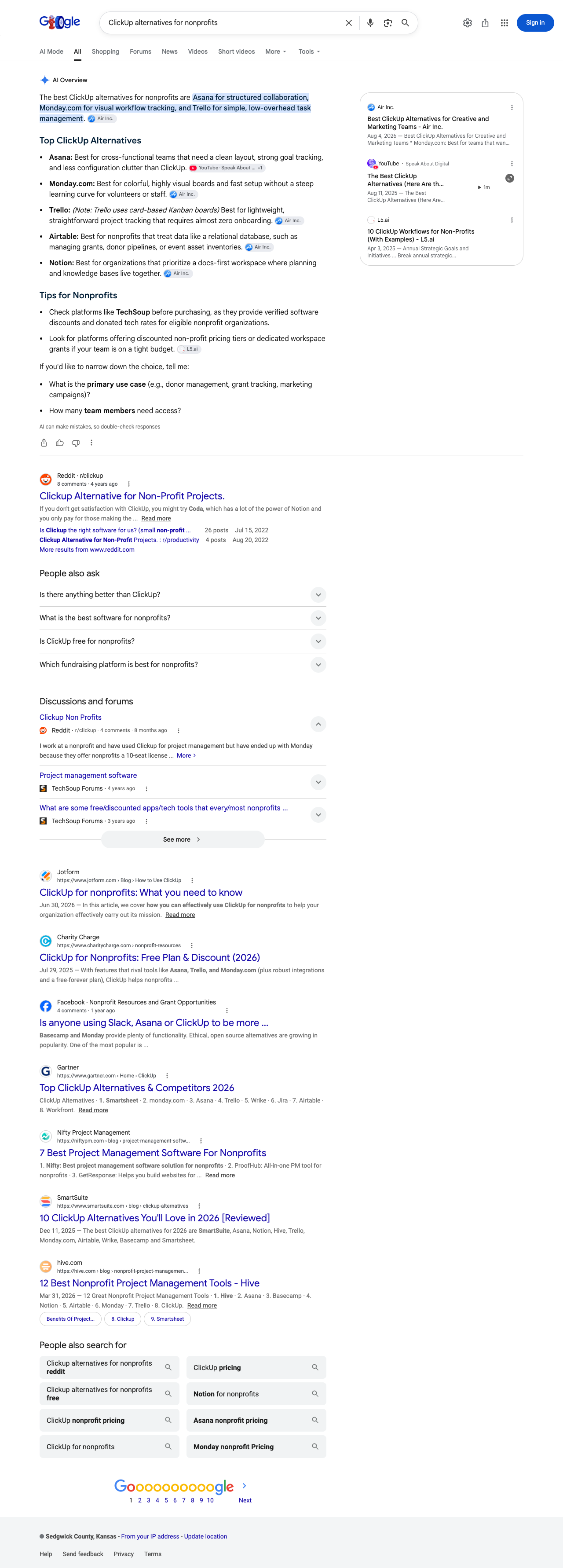 Google results page for "ClickUp alternatives for nonprofits" in United States: the AI Overview with its cited sources