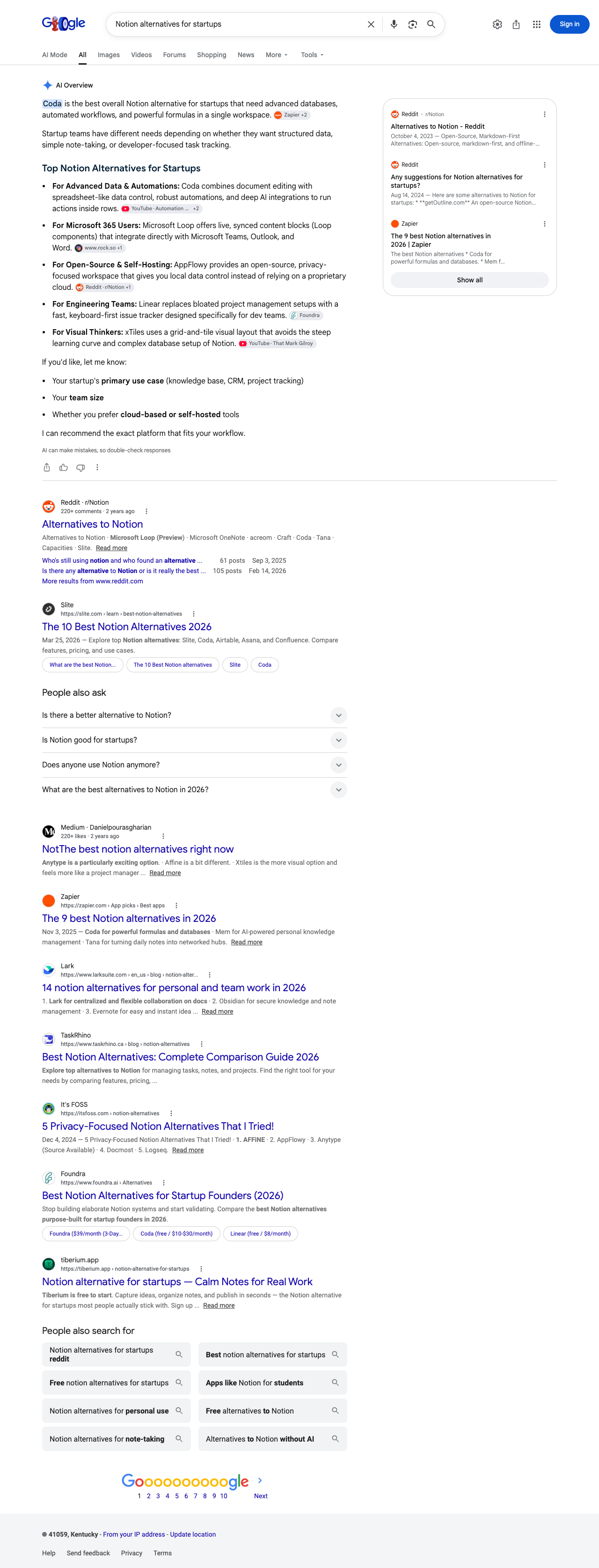 Google results page for "Notion alternatives for startups" in United States: the AI Overview with its cited sources