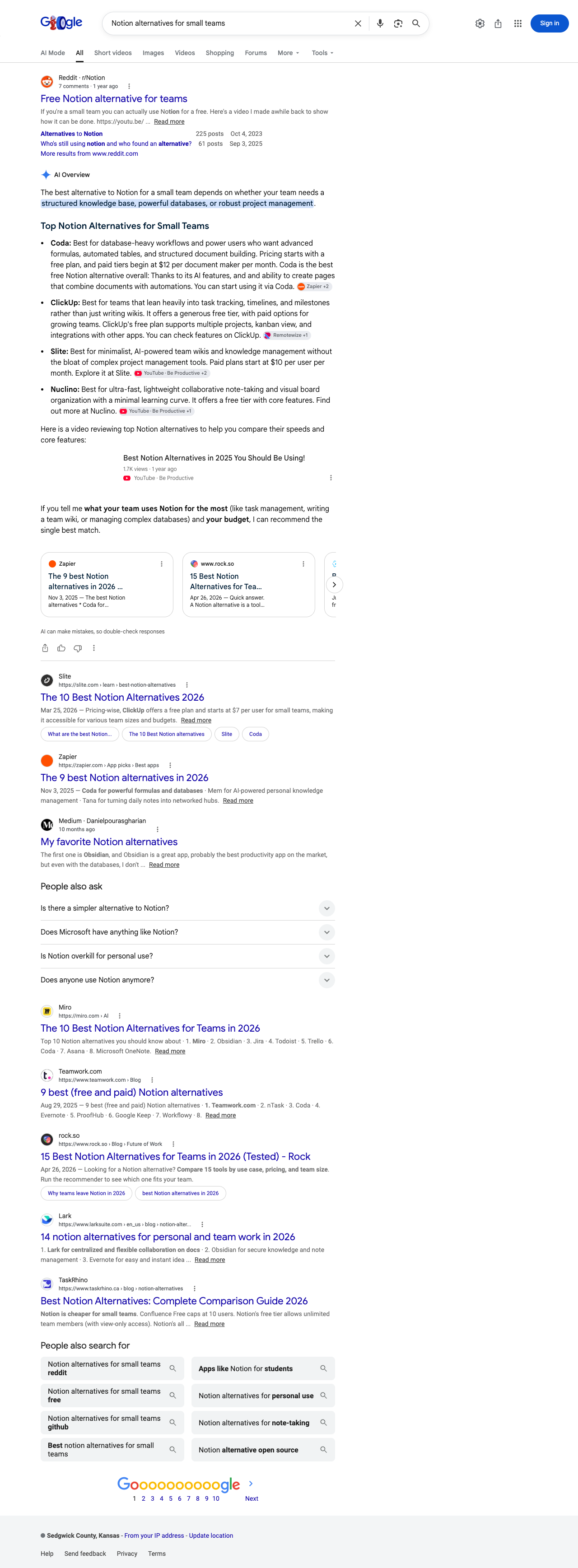 Google results page for "Notion alternatives for small teams" in United States: the AI Overview with its cited sources